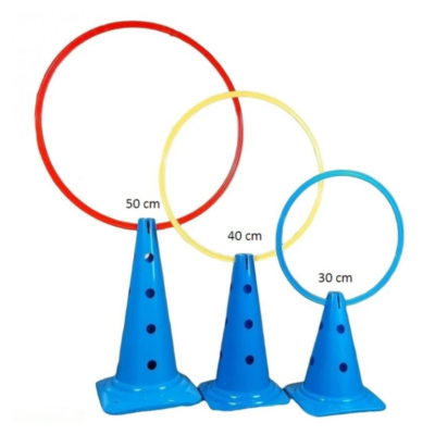 Three plastic rings in red (50 cm), yellow (40 cm), and blue (30 cm) mounted on blue poles for ring-toss play.