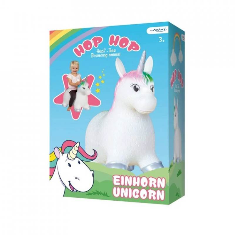 Hopsadlo Jednorožec nafukovací John 1 - GYMSPORT.sk Toy box for Hop Hop Einhorn Unicorn featuring a white unicorn with rainbow mane and a child riding it on a blue background
