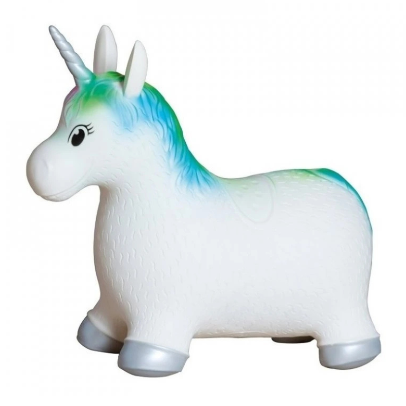Hopsadlo Jednorožec nafukovací John 3 - GYMSPORT.sk White unicorn playground toy with a multicolored rainbow mane and silver hooves, designed for kids to ride or pretend play.
